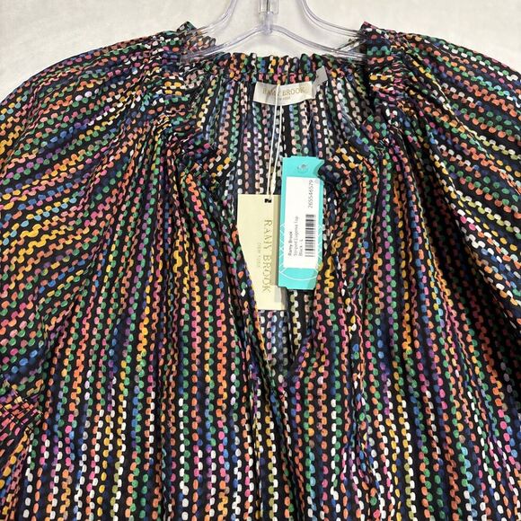 Ramy Brook Eugenia Ruffle Puff Sleeve Top Blouse Large Dot Stripe Split Neck NWT - Picture 3 of 16